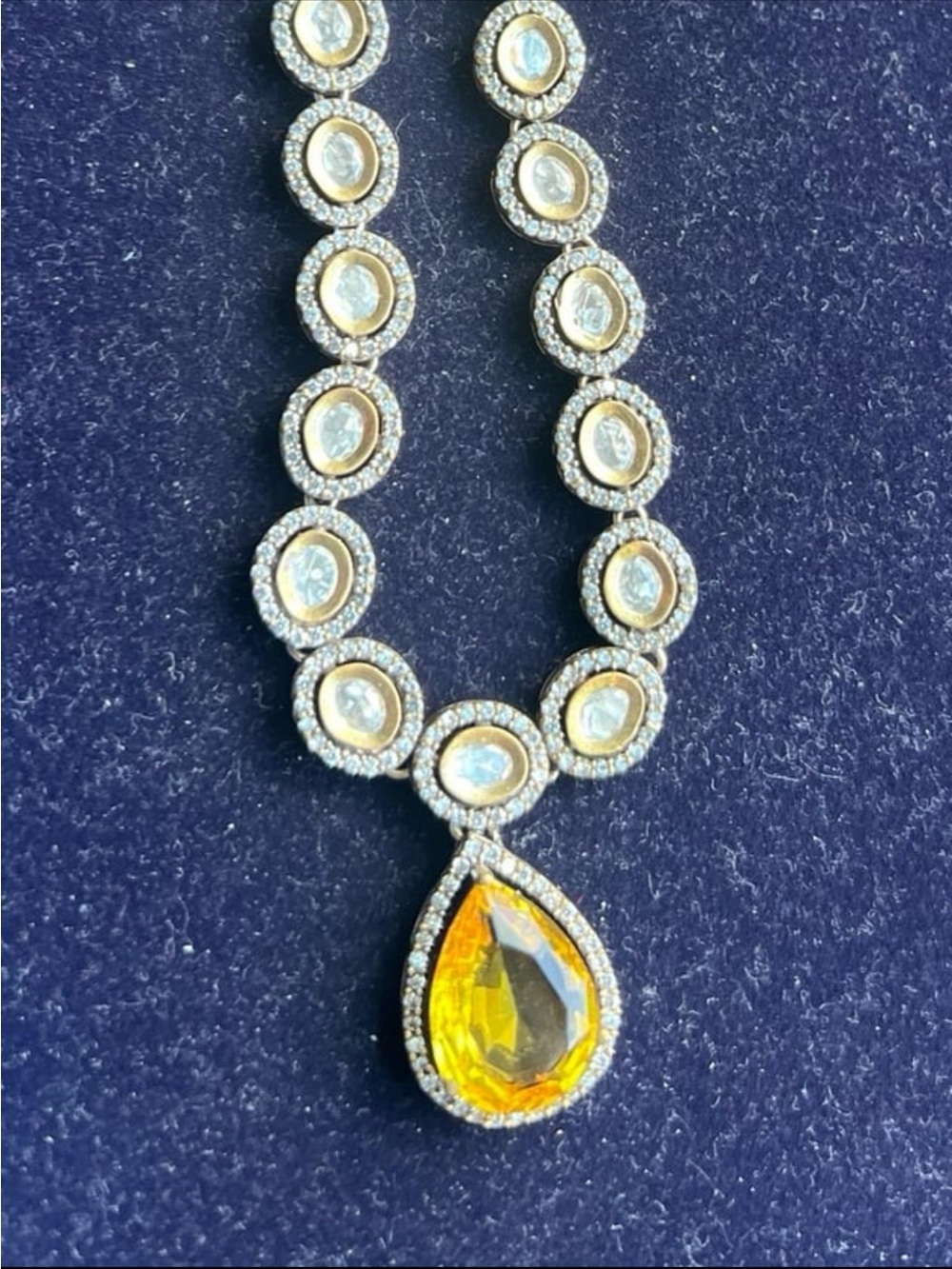 Gorgeous topaz 6.2CT tear drop antique gold plated necklace with clear crystals